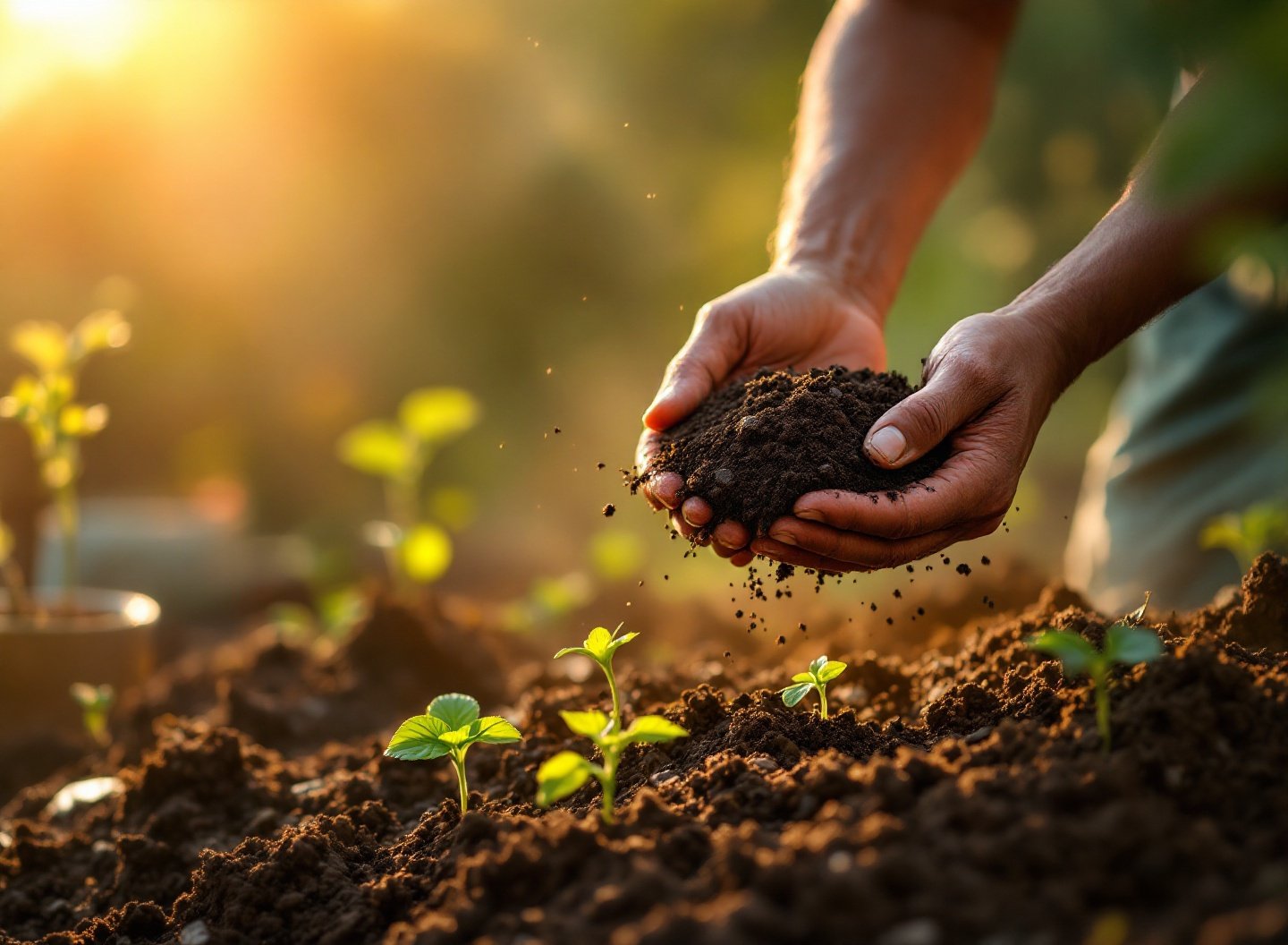 Compostagem caseira em quintal, mão de homem revirando composto orgânico para adubo, ideal para onde comprar terra vegetal barata para vasos.