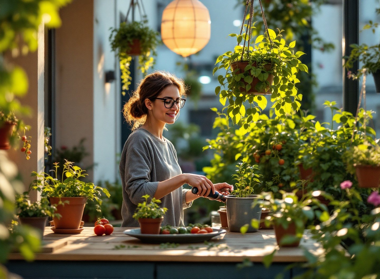 Pare de gastar! O guia definitivo para montar uma horta doméstica de baixo custo com alta produção de alimentos frescos. 4 Horta suspensa e vertical em varanda de apartamento, com mulher regando plantas.