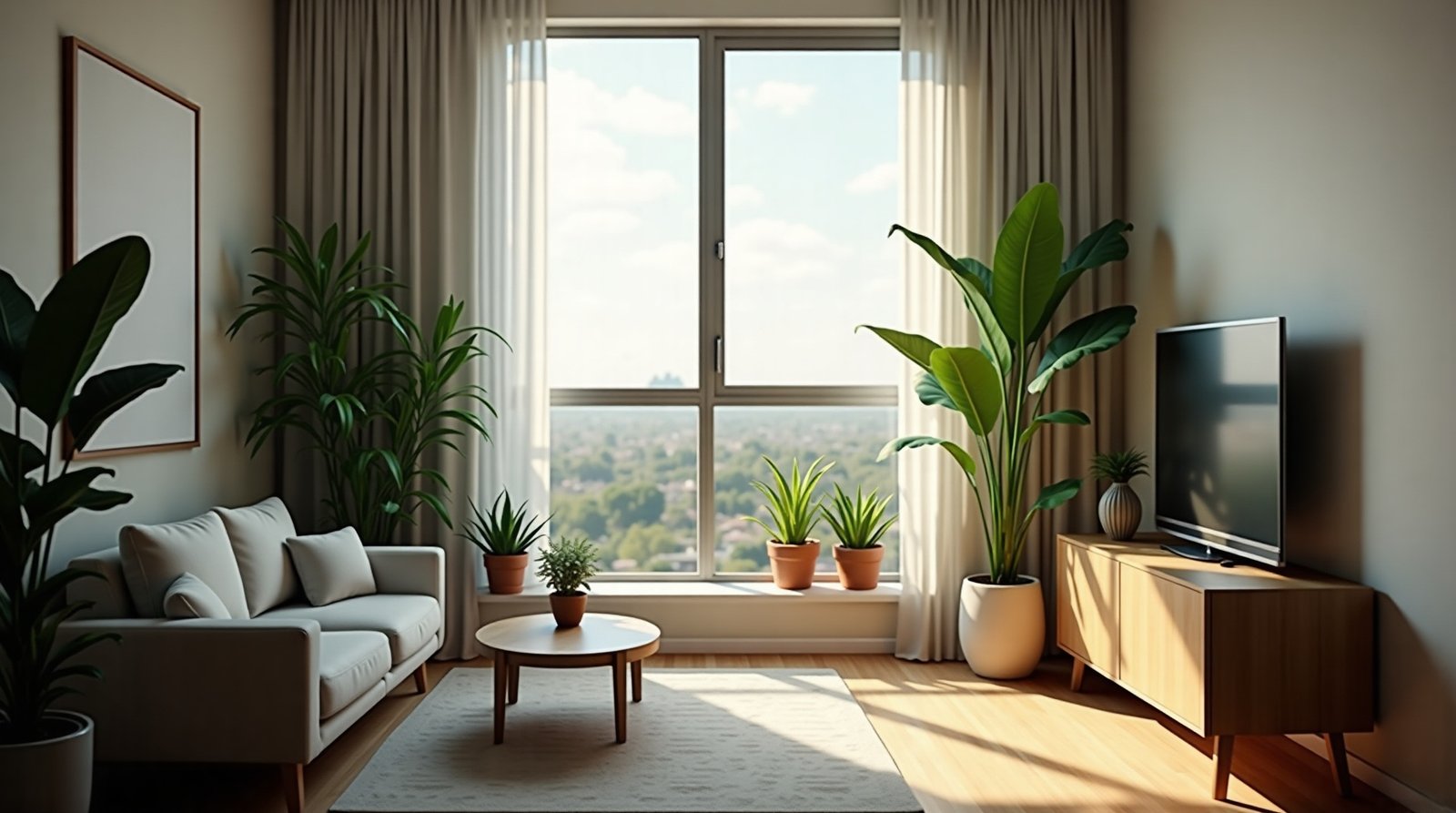 Apartamento minimalista com plantas de baixa luz em diferentes ambientes