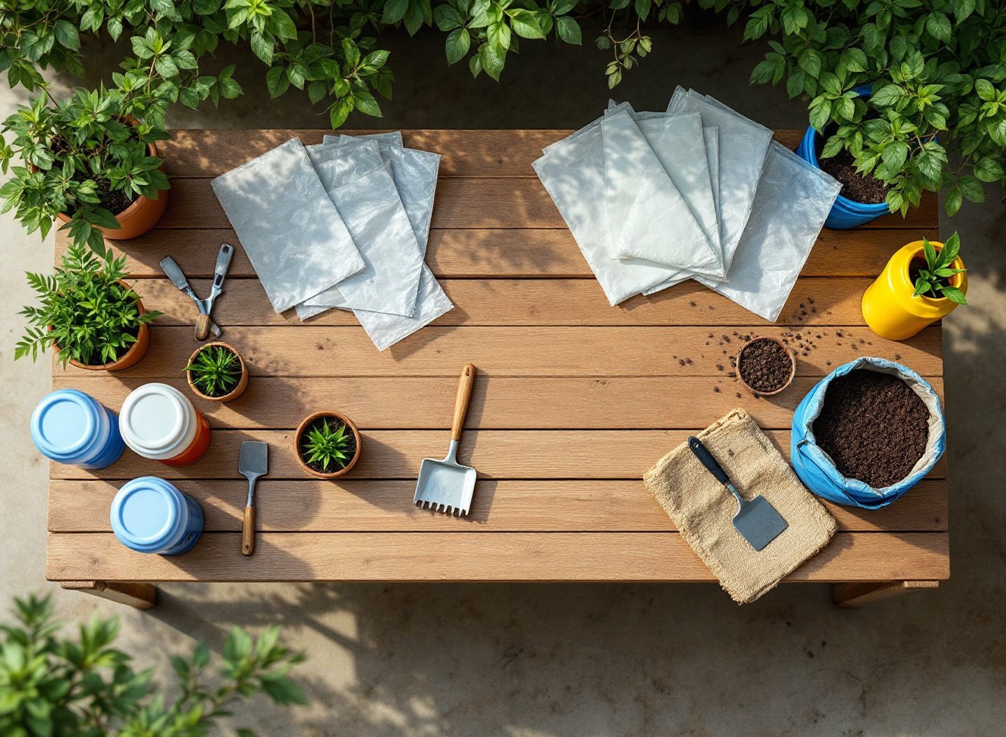 Quer uma horta orgânica? O guia definitivo de materiais baratos para horta caseira que você precisa para começar agora. 3 Mesa com diversos materiais reciclados para montar horta em casa