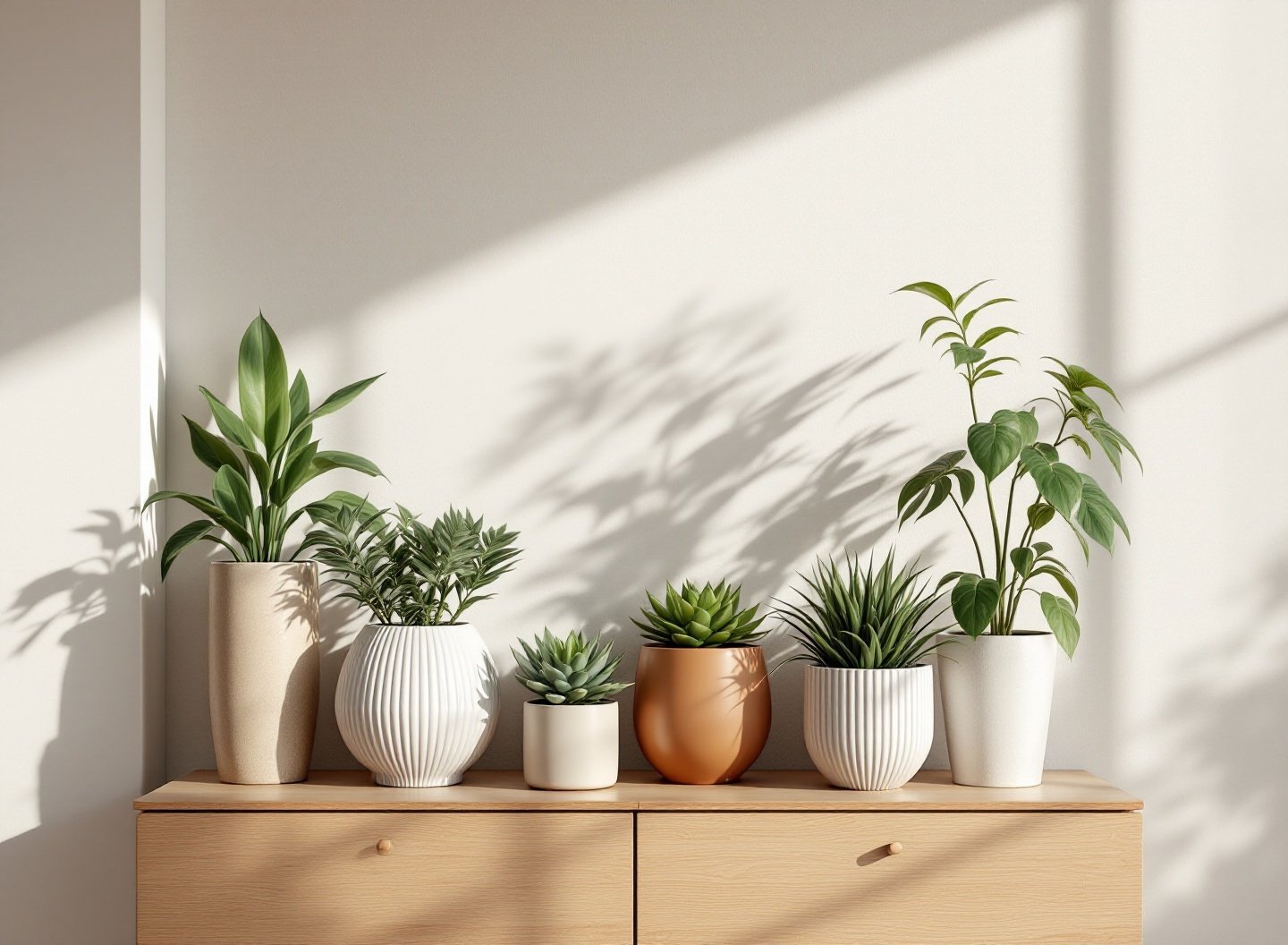 Estante moderna com vários vasos autoirrigáveis e plantas de interior em ambiente minimalista.