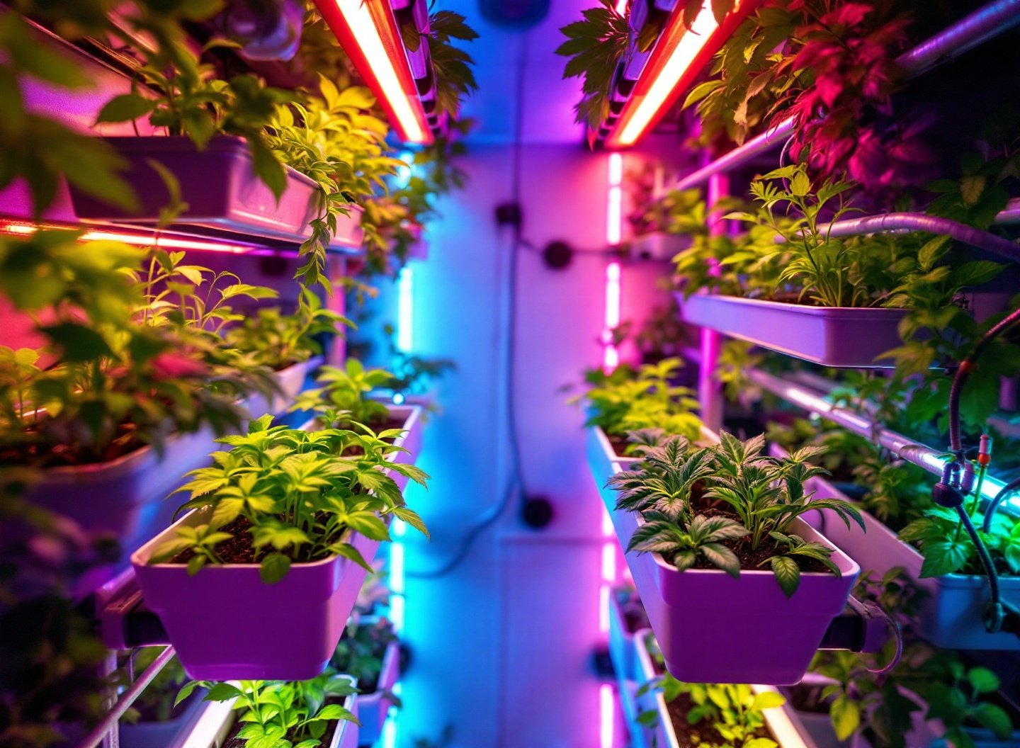 Horta vertical com sistema de LED grow e irrigação hidropônica em estufa doméstica