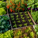 Horta orgânica vibrante e produtiva com adubo natural