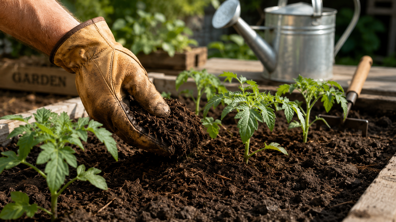 Sua Horta Nunca Mais Será a Mesma: O Adubo Orgânico que Eu Uso Para Dobrar Minha Produção 3 Mão aplicando composto orgânico em canteiro de tomates
