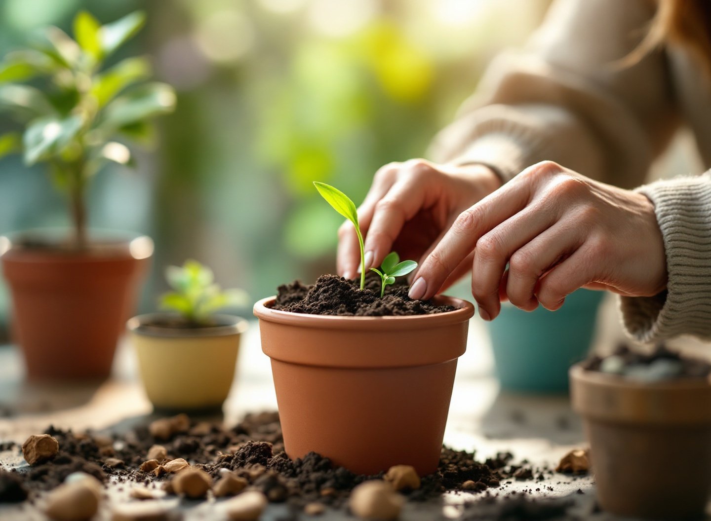 Espaço Pequeno, Grande Produção: A Versão Atualizada para Começar Cultivo Doméstico em Qualquer Ambiente 3 Mão plantando semente em vaso de terracota com solo preparado para cultivo doméstico