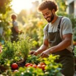 Jardim urbano com plantas saudáveis e jardineiro colhendo vegetais
