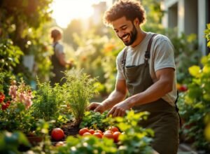 Jardim urbano com plantas saudáveis e jardineiro colhendo vegetais