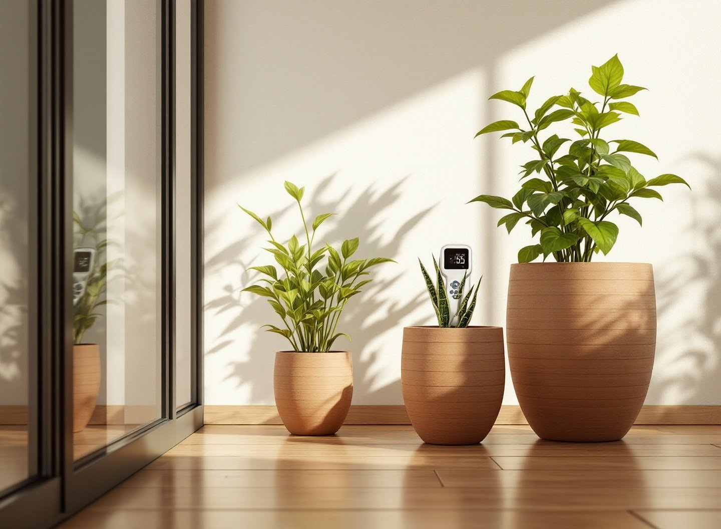 Espaço Pequeno, Grande Produção: A Versão Atualizada para Começar Cultivo Doméstico em Qualquer Ambiente 2 Cultivo doméstico em varanda com alface, tomate cereja e manjericão em vasos de terracota com medidor de umidade