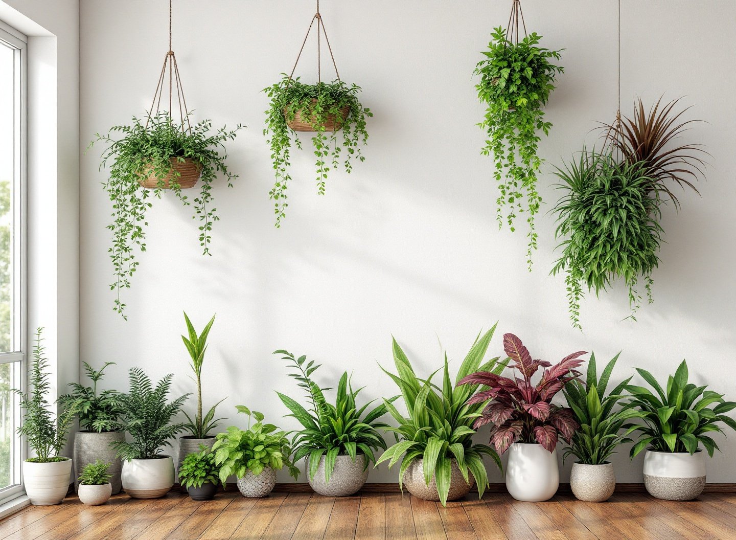 Jardim vertical interno com plantas variadas